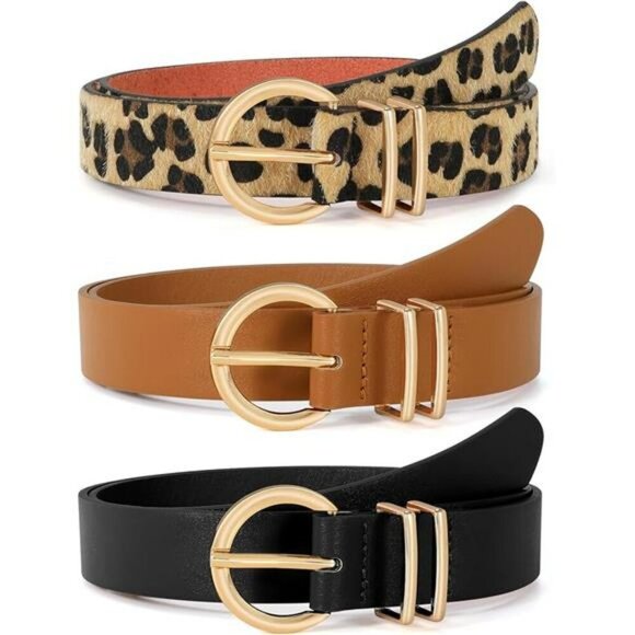 Womens leather belt pack fashion gold buckle waist belt for jeans pants dresses